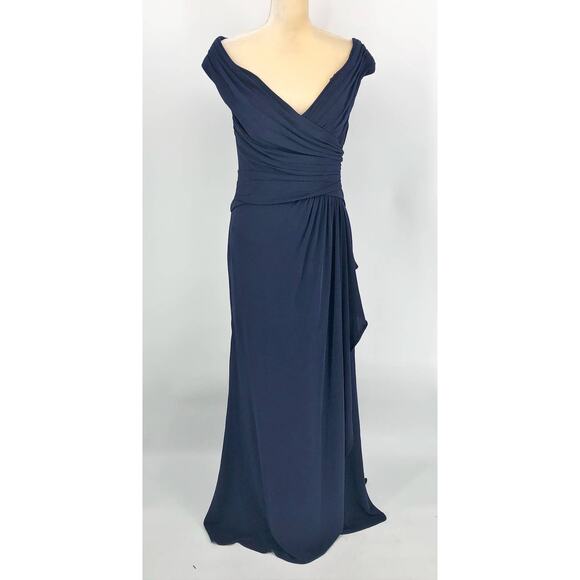 LA FEMME 29996 Column Gown Size 12 Navy Blue Ruched Jersey Formal Dress $348 - Picture 3 of 12